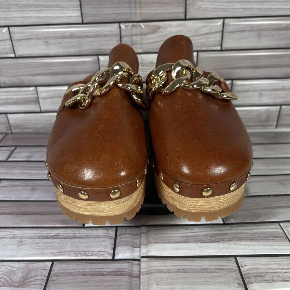 Lisa Vicky Brown Leather Mules with Gold Chain - Picture 3 of 10